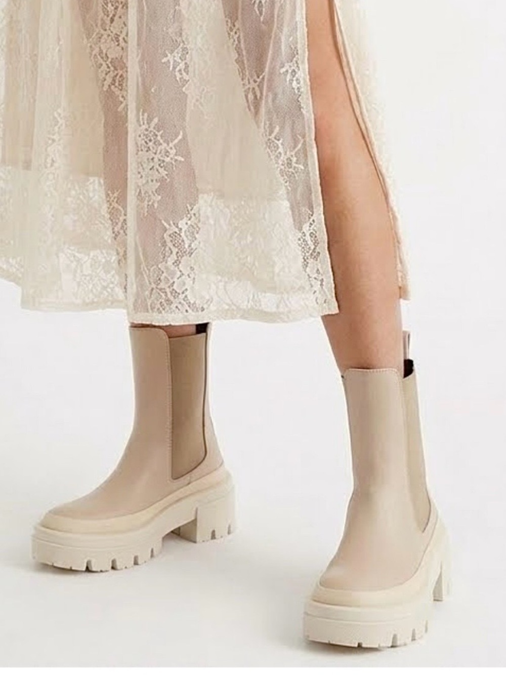 New Free People Equitare Cream Leather Chunky Platform Tall Chelsea Boots 39 9
